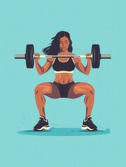 Woman performing a squat with a barbell on a light blue backdrop in a dynamic and athletic pose