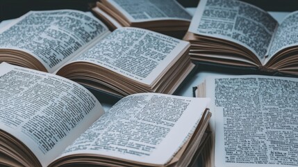 Obraz premium Open Antique Books Stacked Together Displaying Pages and Text with Diverse Layouts and Fonts on a Dark Surface