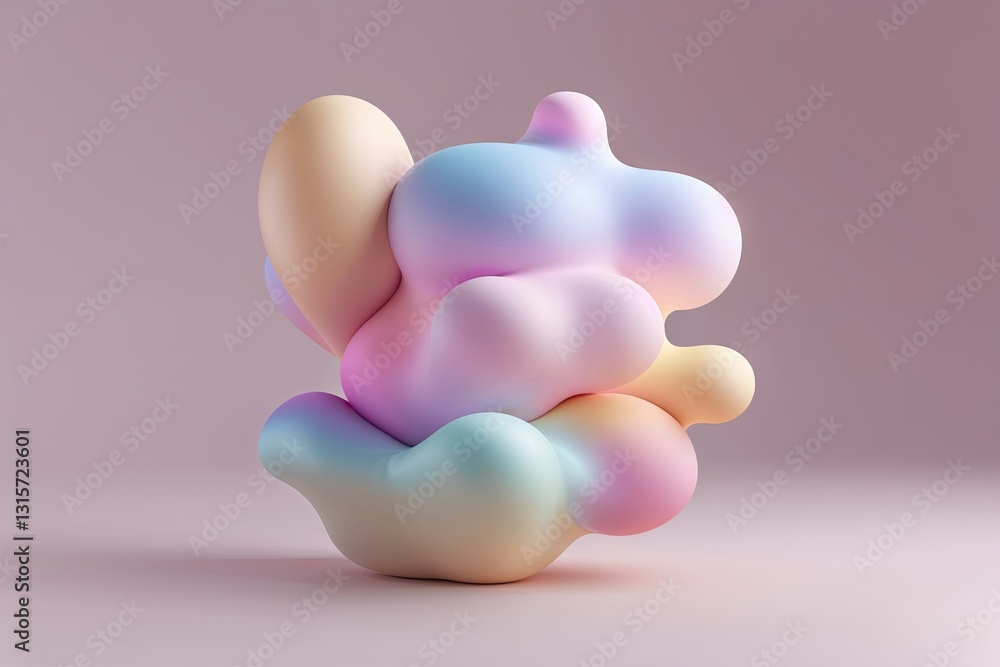 Poster whimsical three-dimensional abstract art in pastel colors with smooth gradient design