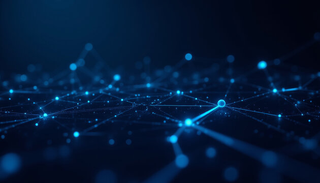 digital network connection structure with glowing blue nodes and lines, representing data flow and technology. image conveys sense of innovation and connectivity