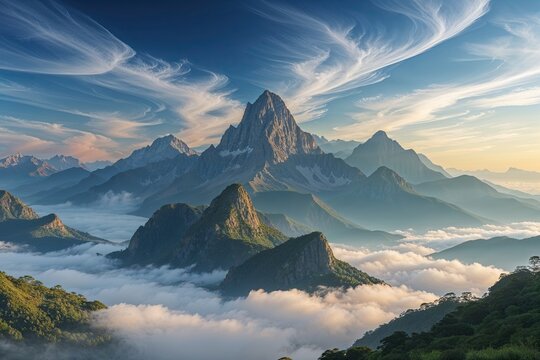 Stunning Exotic Mountains Shrouded in Wispy Clouds in a Dreamy Landscape