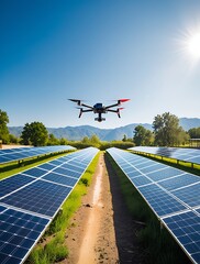 A drone flying over rows of solar panels in a green energy farm on a sunny day, showcasing modern technology and renewable energy for environmental sustainability

