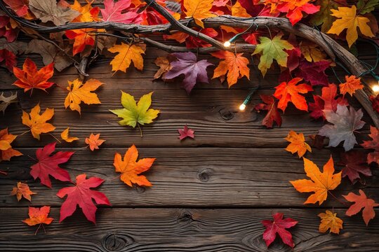 Inviting Autumn Tableau with Multicolored Leaves and Gentle Lights on Rustic Wood Surface