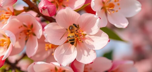 Close-up of delicate peach blossoms with a honeybee, peach flower, springtime