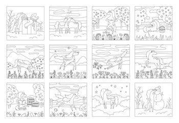 Obraz premium Horse in meadow cartoon coloring book for kids vector illustration. Set of 12 art pages with horses in different poses, scenes landscapes. Four seasons of nature doodle illustration pony for children