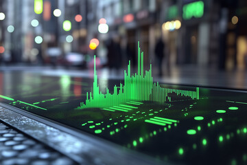 A green and black stock chart with green data points, on a blur background