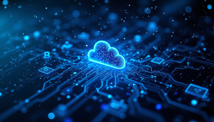 glowing blue cloud symbol surrounded by digital circuits and particles, representing technology and data storage. image conveys sense of innovation and connectivity