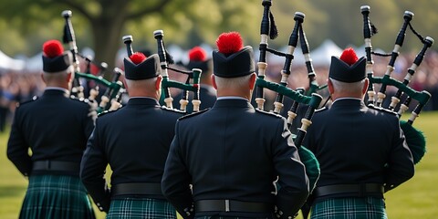 Rear view of kilted bagpipe players marching in unison at a public gathering, showcasing Scottish culture, traditional dress, and live music performance in open air


