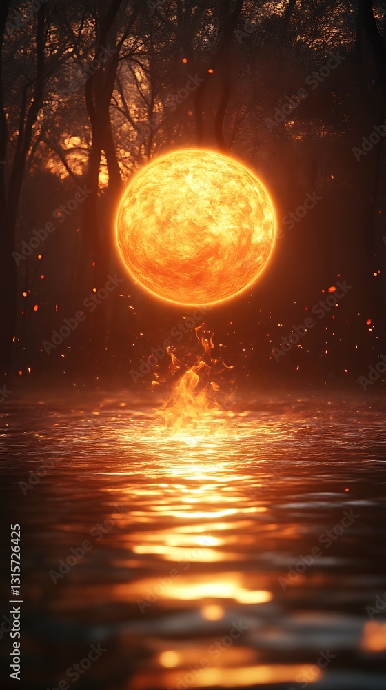 Poster a fiery orb floating above water in a darkened forest setting