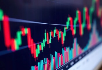 Close-up of stock chart with candlestick patterns showing price trends, bearish, bullish