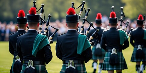 Rear view of kilted bagpipe players marching in unison at a public gathering, showcasing Scottish culture, traditional dress, and live music performance in open air


