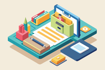 Obraz premium This illustration features a customizable resume folder on a vibrant workspace with paperwork and stationery, Resume folder Customizable Isometric Illustration