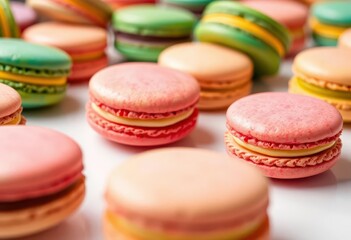 Fototapeta premium Close-up of vibrant, colorful macarons arranged on a white surface, delicious pastries, white background