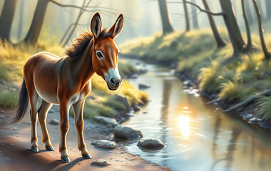 A fluffy baby donkey standing on a dirt path, gazing toward the viewer with innocent eyes. The watercolor painting has delicate brushstrokes, creating a gentle, almost ethereal quality. 