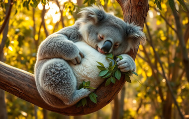 A hilariously overweight koala lounging on a thick eucalyptus branch, its belly spilling over as it munches on leaves. Its fur is fluffy and dense, and its round cheeks are full.
