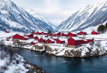 Cluster of red houses nestled in snowy village beside river, cold winter mountains, view, landscape