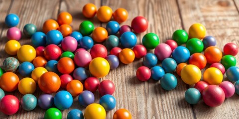 Obraz premium Colorful balls scattered on a textured wooden background, orange, green