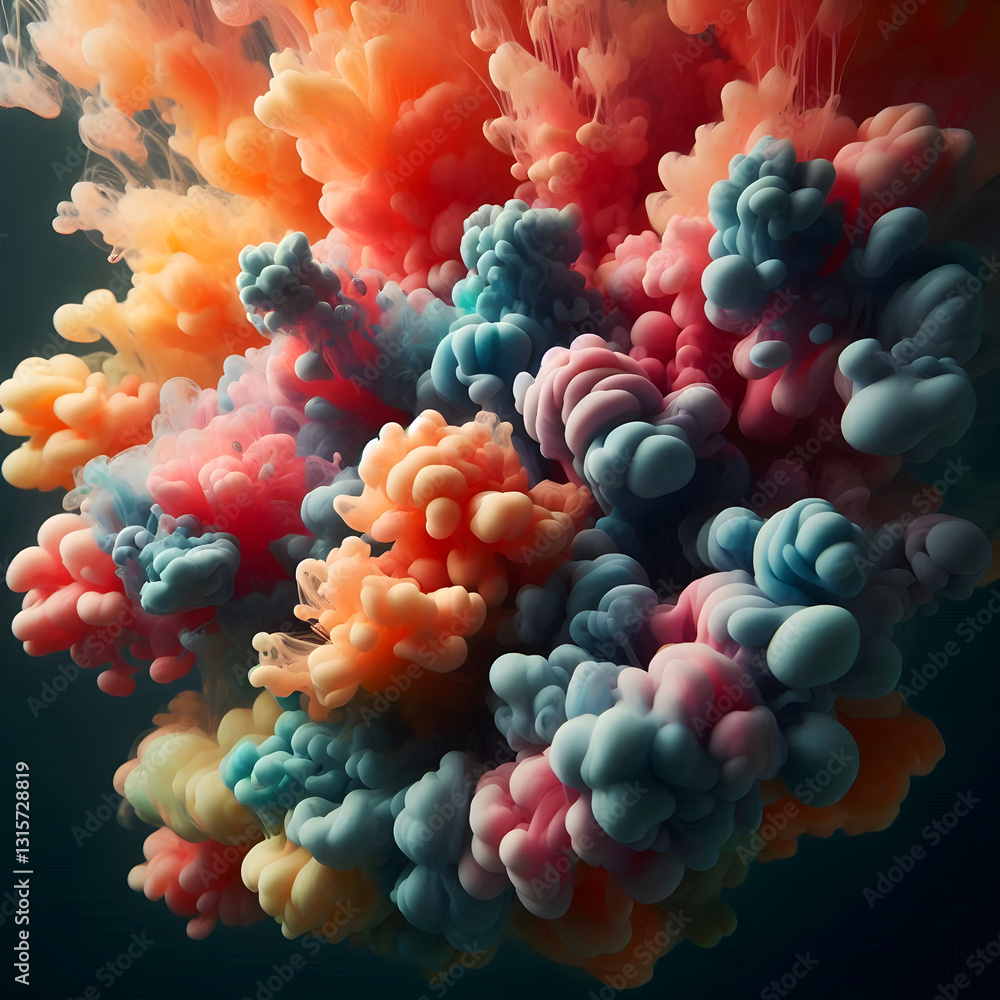 Poster a vibrant cloud of colored smoke or paint against a dark background, creating a mesmerizing abstract