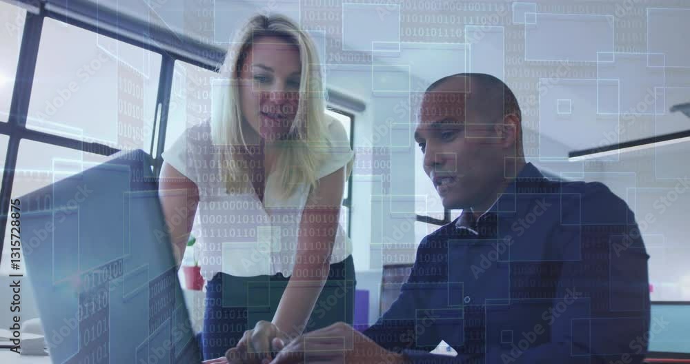 Poster business professionals working on laptop with digital binary code overlay animation