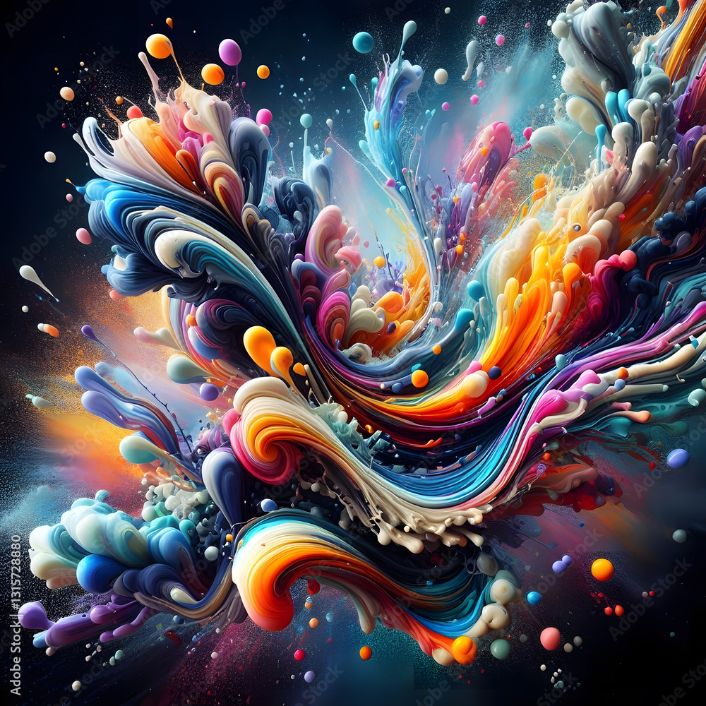 Poster a dynamic explosion of vibrant colors and intricate swirls against a dark backdrop, creating a mesme