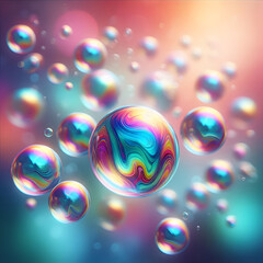 A vibrant, abstract composition of iridescent soap bubbles with colorful swirls against a blurred, multicolored background