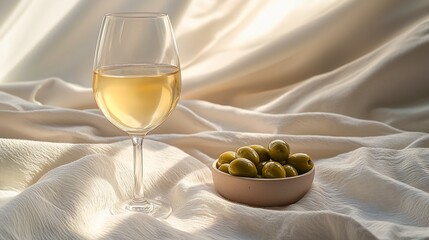 White wine, olives, sunlight, fabric background;  food & drink imagery