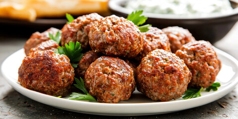 Juicy Greek keftedes meatballs with fresh herbs and creamy tzatziki dip