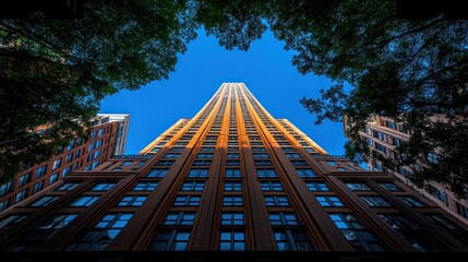 Urban Skyscraper Viewed from Below, Trees Frame, Cityscape Background