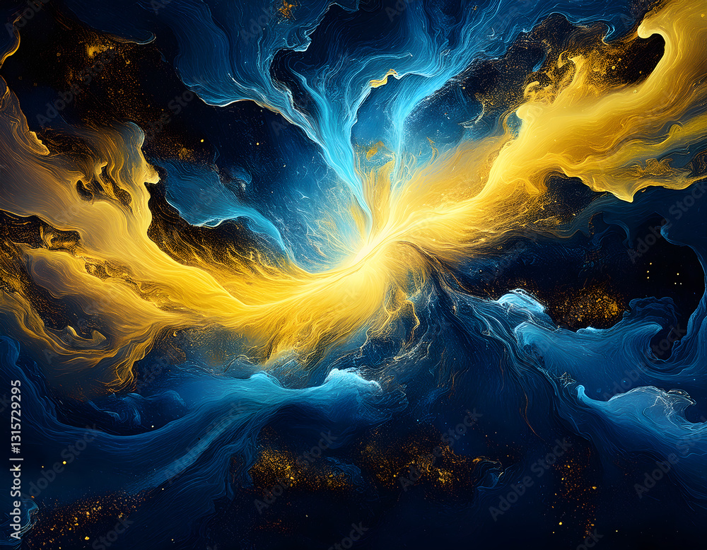 Poster abstract swirling clouds of blue and yellow with scattered gold specks, creating a celestial and dyn