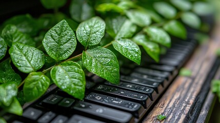 Lush Green Leaves on Piano Keys