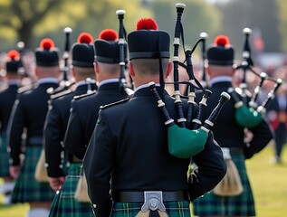 Rear view of kilted bagpipe players marching in unison at a public gathering, showcasing Scottish culture, traditional dress, and live music performance in open air


