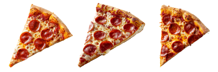 Set of A delicious tasty slice of pepperoni pizza flying isolated on white or transparent background