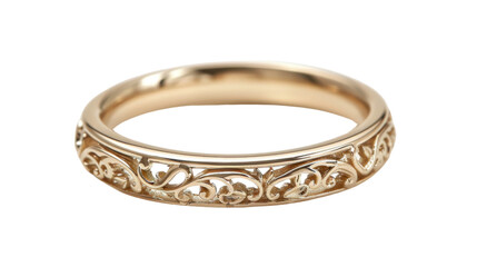 Golden ring exhibiting intricate filigree design on transparent background