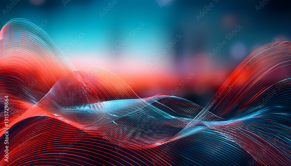 Poster abstract landscape of flowing lines, blending cool blue and warm red, creating a sense of depth and 