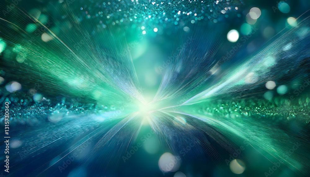 Poster luminous lines radiate from a central point on a textured green surface, with bokeh lights and a bri