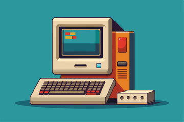 A retro computer setup with a keyboard and monitor, designed in a flat, customizable style, Retro computer Customizable Flat Illustration
