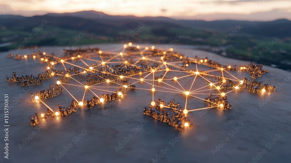 Poster global network connection illuminated cityscape map