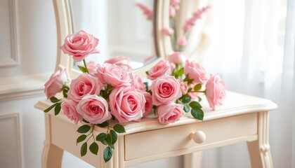 Cream vanity table adorned with pink roses, pastel spring aesthetic, floral arrangement, bloom