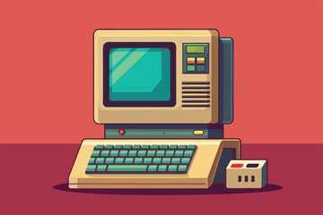 This illustration features a retro computer setup with a keyboard and controller for customization, Retro computer Customizable Semi Flat Illustration