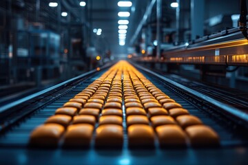 Obraz premium An automated baker in an industrial food production facility making donuts. Machinery and conveyor belts can be seen in the background.
