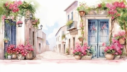 Obraz premium Watercolor province streets with windows and houses and flowers on a white background.