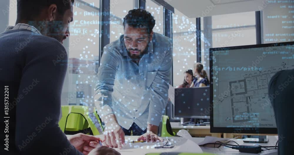 Poster collaborating over architectural plans, business team using digital data animation