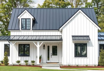 Crisp white vertical shiplap siding, black standing seam metal roof, modern farmhouse exterior, white siding, property