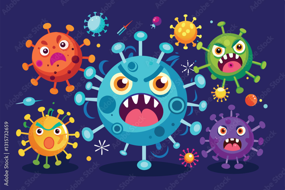 Poster a vibrant and playful illustration showcases various retroviruses with exaggerated expressions and c