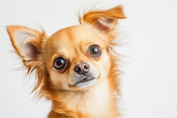 Expressive close-up portrait of a ginger long-haired Chihuahua dog on clean white background