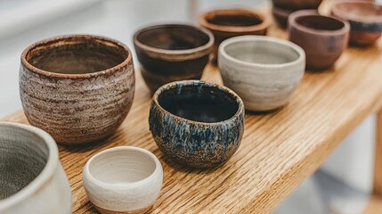 Variety of Handcrafted Ceramic Bowls Displayed on a Wooden Shelf Showcasing Unique Textures and Earthy Colors in a Contemporary Studio Setting