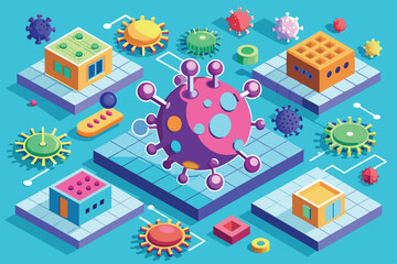 Naklejka premium Bright isometric illustration features various retrovirus designs in a dynamic, customizable layout, Retroviruses Customizable Isometric Illustration