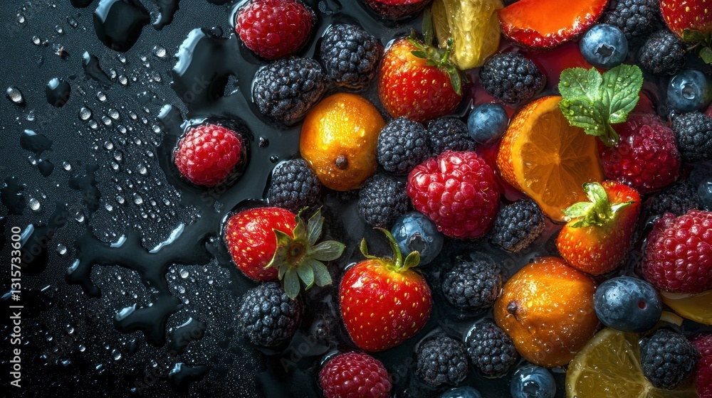 Fototapete fresh fruits displayed on a dark surface with droplets creating a refreshing atmosphere in a vibrant