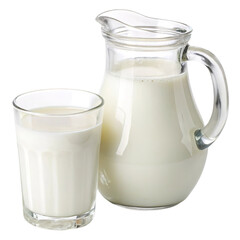 Glass and jug with milk isolated on a transparent background