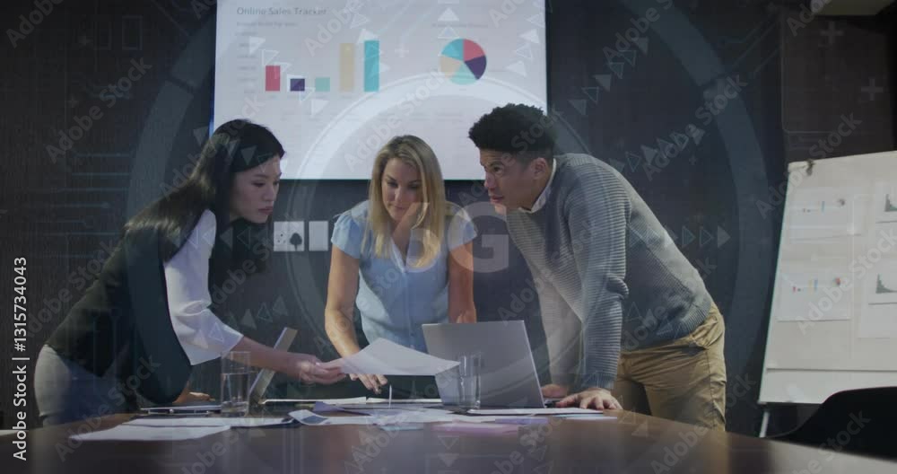 Poster analyzing documents with data processing animation, business team in conference room